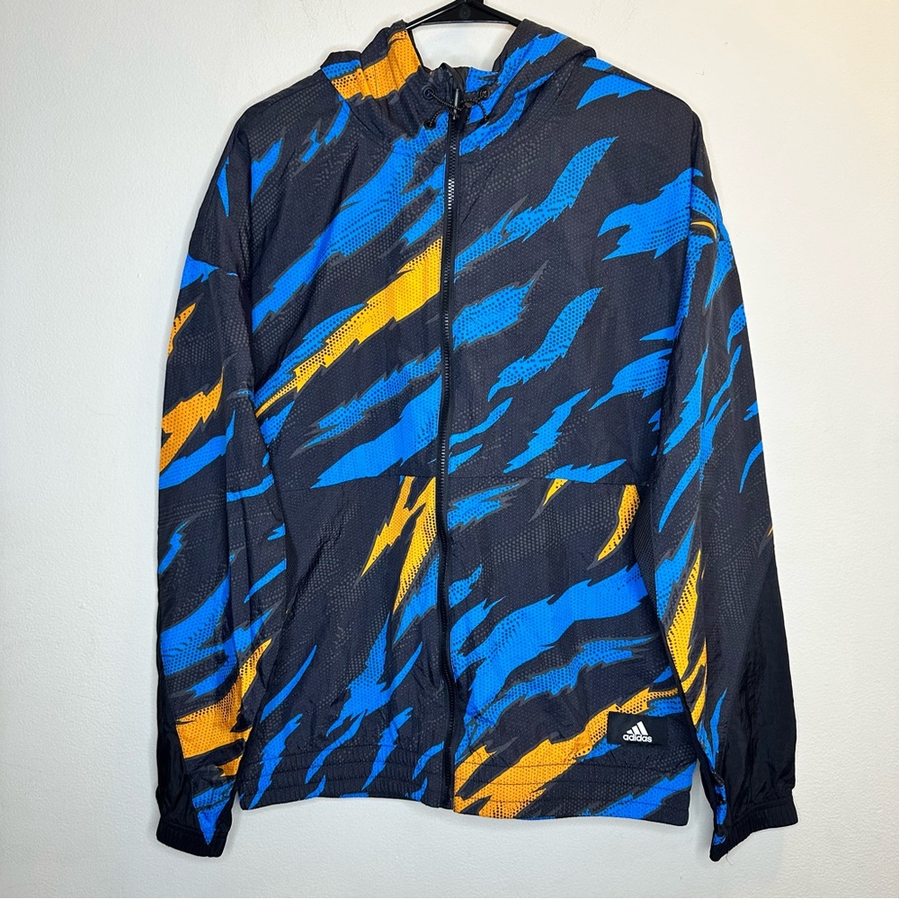New Adidas Windbreaker Jacket Trvl Tiger Print Blue Camo Full Zip Hooded Sz S